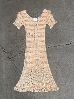 90’s Vintage Kroschetta Peach Crochet Knit Short-Sleeve Midi Dress